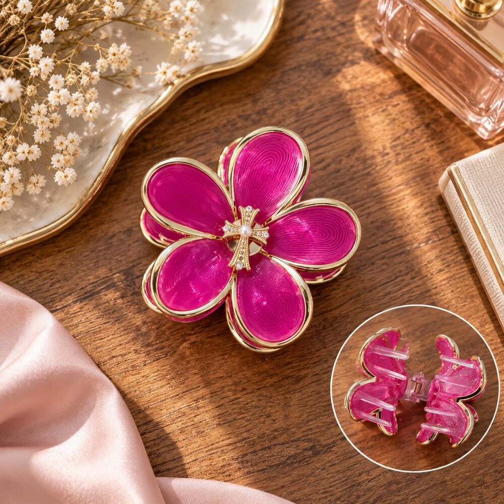 Coquette Fuchsia Flower Claw Clip Gold Trim Cross Statement Hair Clip